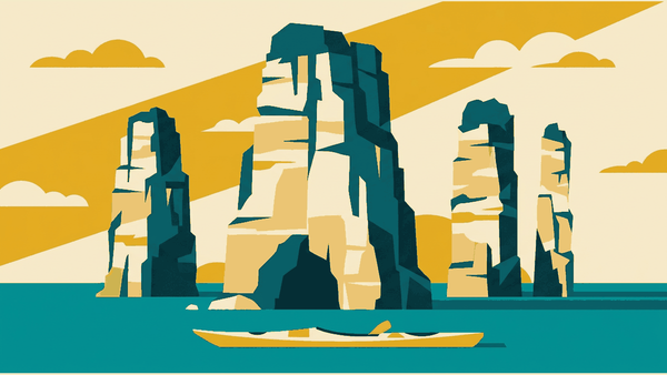Flat illustration of tall limestone karst pillars rising from the sea, a sea kayak and a cave mouth, deep teal and gold