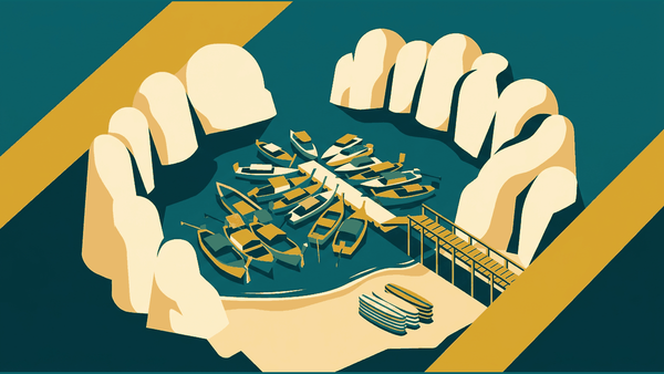 Flat illustration of a limestone cliff ring, a bay with a crowd of boats and a longtail boat at a pontoon, deep teal and gold