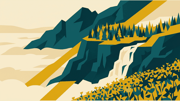 Flat illustration of a misty mountain ridge, a pine plateau, a field of wildflowers and a waterfall, deep teal and gold
