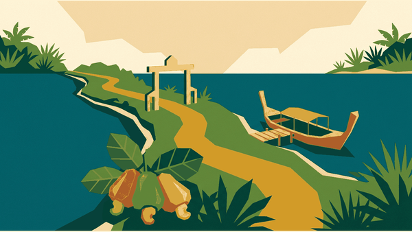 Flat geometric illustration of a narrow isthmus with sea on two sides, a border gate arch, a wooden longtail boat and cashew fruit, deep teal, mustard and cream