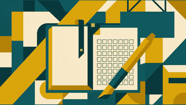 Flat illustration of a hand-written character grid, a pencil, an open book and a market sign, deep teal and gold