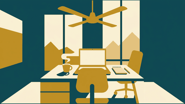 Flat illustration of a laptop, a coworking desk and a coffee cup under a ceiling fan, deep teal and gold