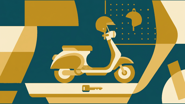 Flat illustration of a rented scooter in side profile, a key on a counter and a helmet on the handlebar, deep teal and gold