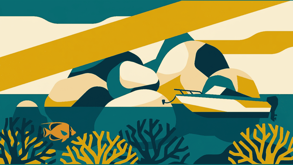 Flat illustration of granite boulders in clear water, a speedboat, coral heads and a coral reef fish, deep teal and gold