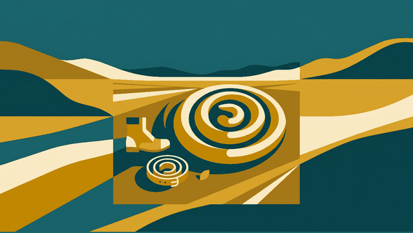 Flat illustration of a coiled snake, a scorpion shape and a boot beside them, deep teal and gold