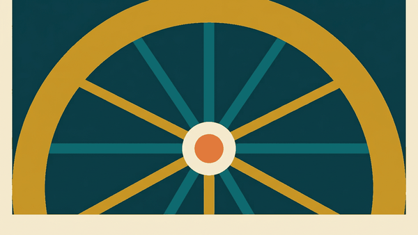Flat illustration of a crowd with water buckets and soaked clothing at a Thai temple gate festival, deep teal and gold