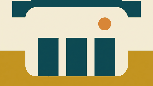 Flat illustration of a songthaew truck with a roof rack and bench seats on a roadside, deep teal and gold