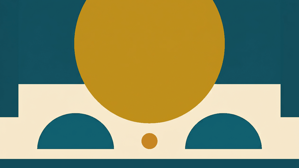 Flat illustration of an open-air temple courtyard with a seated monk and visitors sitting respectfully apart, deep teal and gold