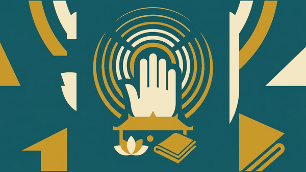 Flat illustration of two abstract angular figures, a raised open palm and overlapping speech shapes, deep teal and gold
