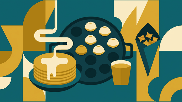 Flat illustration of a pancake griddle with small coconut cakes, banana pancakes and syrup, deep teal and gold