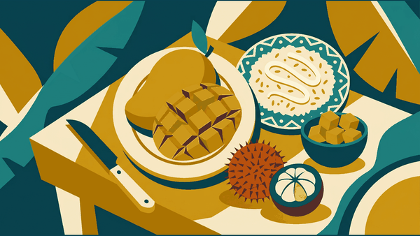 Flat illustration of mangoes, a plate of sticky rice with a coconut drizzle and a fruit knife, deep teal and gold