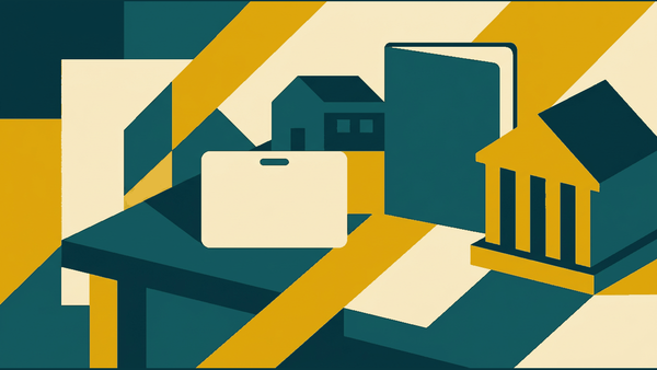 Flat illustration of an identity card, a house, a bank and a passport on a desk, deep teal and gold