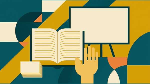 Flat illustration of a textbook, a whiteboard, a raised hand and a street scene, deep teal and gold