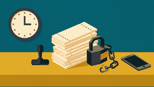 Flat geometric illustration of a paper ticket with a perforated edge on a counter, a wall clock, a stamp and a blocked padlock symbol, deep teal, mustard and cream