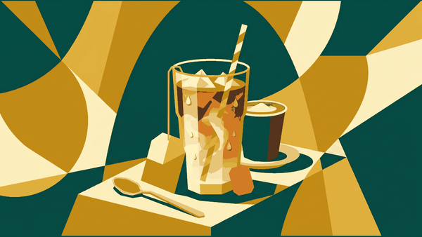 Flat illustration of a glass of Thai iced tea with condensation, a straw and a teabag, deep teal and gold