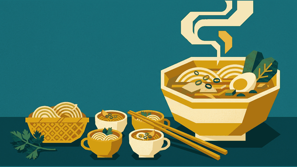Flat geometric illustration of one enormous steaming noodle bowl beside four tiny teacup-sized bowls, with chopsticks and a bamboo noodle basket, deep teal, mustard and warm cream