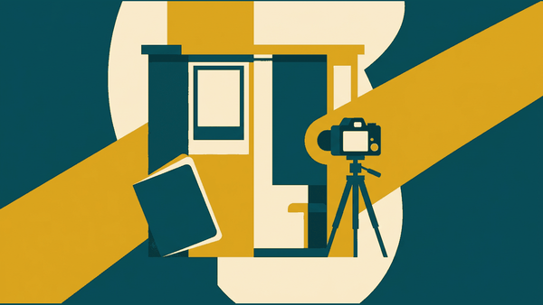 Flat illustration of a photo booth, a blank photo frame, a passport and a camera on a tripod, deep teal and gold