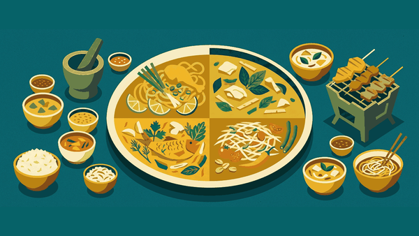 Flat geometric illustration of a round Thai dining table split into four quadrants of different dishes, with a mortar and pestle, a grill and a curry bowl, deep teal and gold