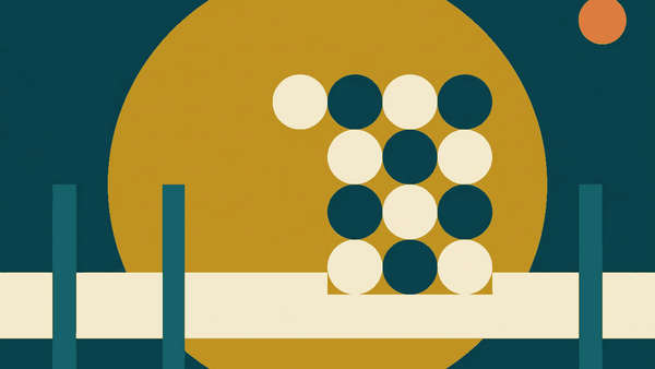 Flat illustration of a rice plate with a small array of side dishes, a spoon and fork, and a bowl of soup, deep teal and gold