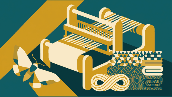 Flat illustration of a silk loom, folded bolts of cloth, a skein of thread and a moth, deep teal and gold
