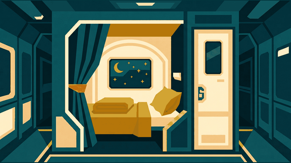 Flat geometric illustration of a night train carriage corridor with a berth, a folded blanket, a small window showing a moon and a curtain, deep teal, mustard and cream