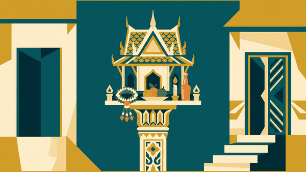 Flat geometric illustration of a small ornate shrine house on a tall post with a garland, a red bottle and fruit on its shelf, beside a doorway, deep teal, mustard and cream