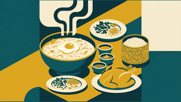 Flat illustration of a rice porridge bowl, a poached chicken plate, fried dough sticks and a basket of rice, deep teal and gold