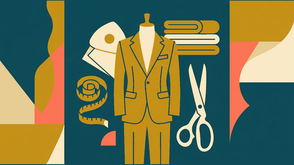 Flat illustration of a tailored suit on a mannequin, a tape measure and scissors, deep teal and gold