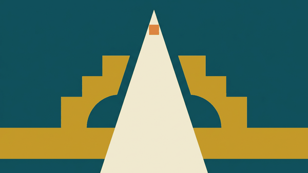 Flat illustration of a temple gate with a sign and a folded sarong waiting on a bench, deep teal and gold