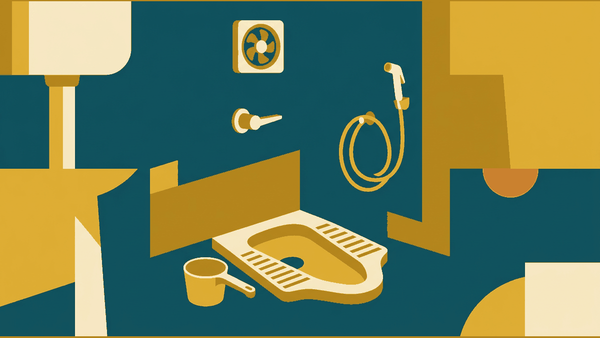 Flat illustration of a squat toilet pan with a plastic water scoop and a wall flush lever, deep teal and gold