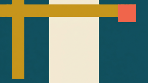 Flat illustration of an immigration office desk with a passport, a TM6 card and a queue of people waiting, deep teal and gold
