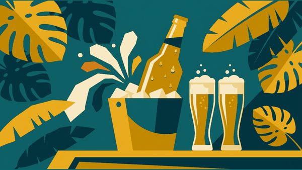 Flat illustration of a glass of beer with foam and two bottles beside it, deep teal and gold