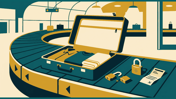 Flat geometric illustration of an open hard-shell suitcase on an airport baggage carousel with a cut padlock and a red-diamond lock, deep teal, mustard and cream