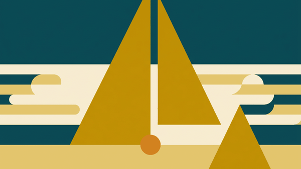Flat illustration of a cold morning mountain scene with mist in valleys and a jacket over a temple roof, deep teal and gold