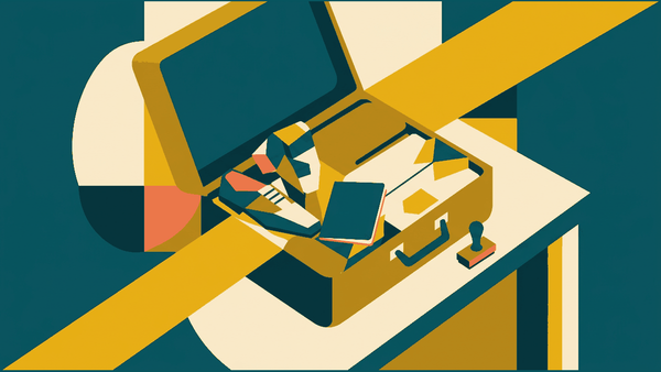 Flat illustration of a passport, a suitcase on a conveyor, a stamp and a customs counter, deep teal and gold