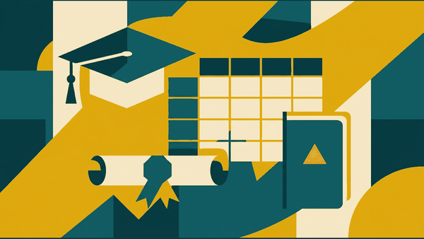Flat illustration of a graduation cap, a course timetable grid, a certificate and a passport, deep teal and gold