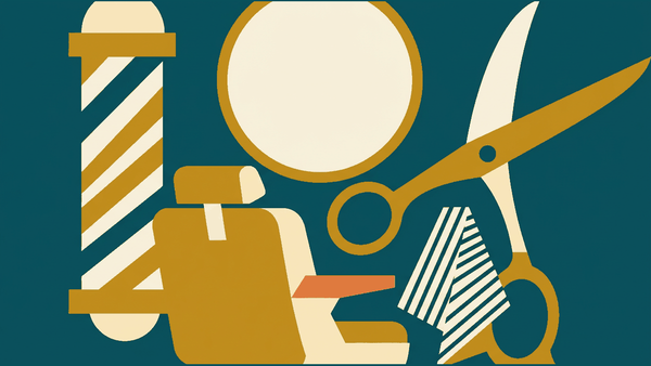 Flat illustration of a pair of scissors, a comb and a striped barber pole shape, deep teal and gold
