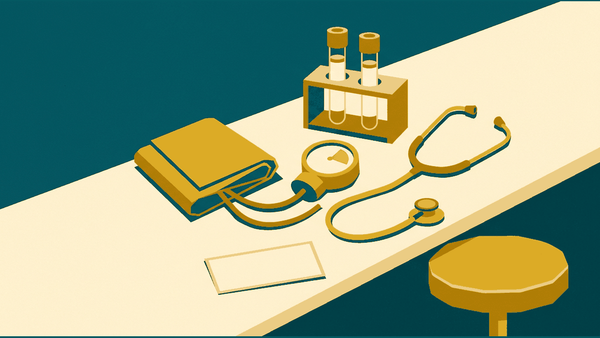 Flat geometric illustration of a clinic desk with a blood pressure cuff, a labelled sample tube, a blood panel card and a doctor stool, deep teal, mustard and cream