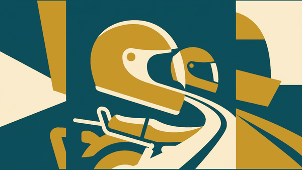 Flat illustration of a helmet shape with a strap and a raised stop-hand circle, deep teal and gold