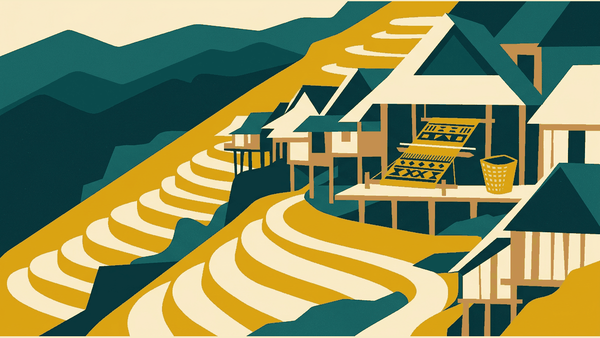 Flat illustration of terraced hillside houses, a loom, a basket and a mountain path, deep teal and gold