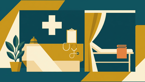 Flat illustration of a hospital reception desk, a cross shape, a clipboard and a bed, deep teal and gold