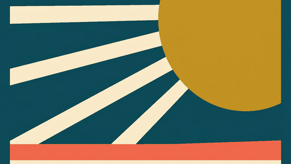 Flat illustration of a sun over dry cracked ground with a water bottle and a temple roof, deep teal and gold