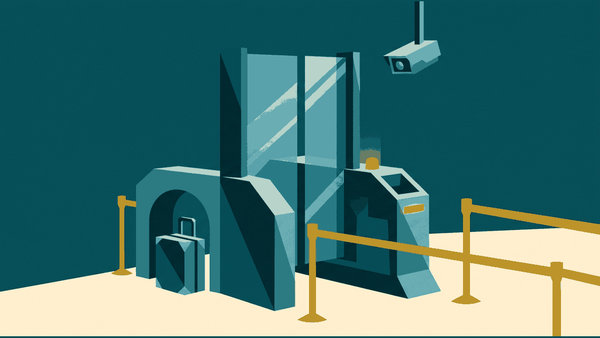 Flat geometric illustration of a passport with a biometric chip symbol, an automated gate lane with a scanner and a camera, and a queue barrier, deep teal, mustard and cream