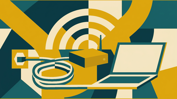 Flat illustration of a wifi signal, a fibre cable, a router and a laptop, deep teal and gold