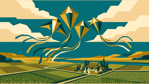 Flat geometric illustration of huge diamond and delta kites with long tails filling a wide sky over temple roofs and a river, deep teal, mustard and warm cream