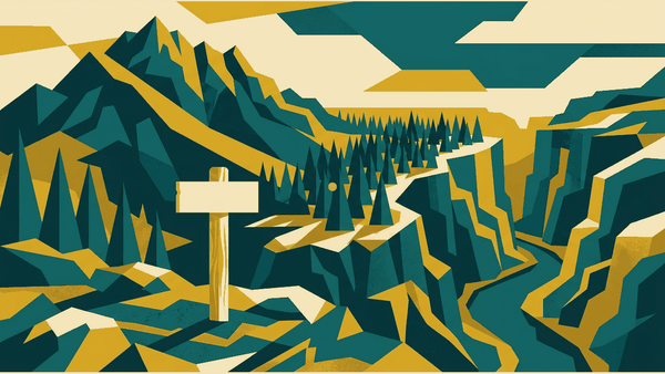 Flat illustration of a mountain ridge, a river gorge, a forest canopy and a trail marker post, deep teal and gold