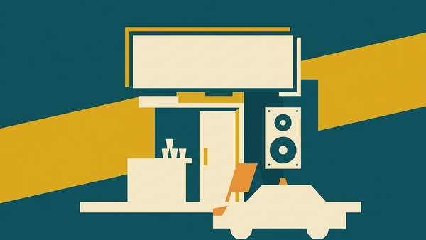 Flat illustration of a neon-lit bar front, a speaker stack, a cocktail and a taxi waiting, deep teal and gold