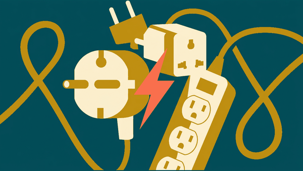 Flat illustration of a plug shape, a socket and a power adapter with a cable, deep teal and gold