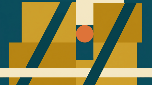 Flat illustration of stacked cardboard parcels, a rubber stamp and a string-tied package, deep teal and gold