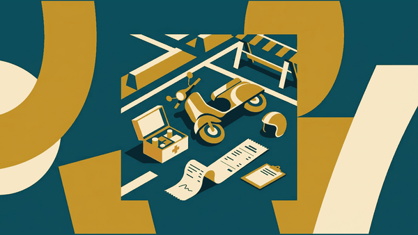 Flat illustration of a fallen scooter, a first aid kit and a hospital receipt with a helmet beside it, deep teal and gold
